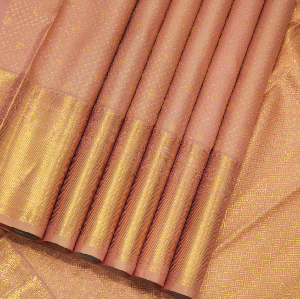 Peach Onion Pink with Gold Zari Small Peacock and Round Butta Motifs Full Body Weaved Design Zari Border Grand Tissue Silk Kanjivaram Saree
