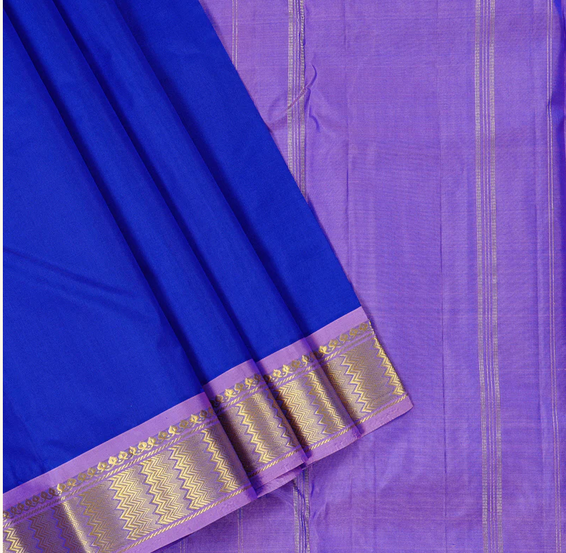 Blue Handloom Kanchipuram Silk Saree with Lilac Color Border with unstitched blouse material