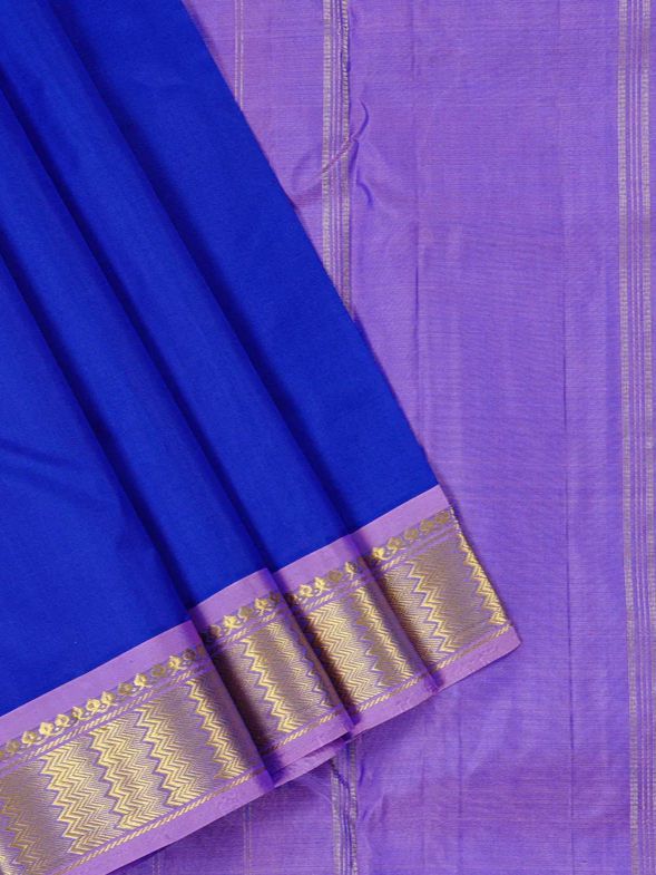 Blue Handloom Kanchipuram Silk Saree with Lilac Color Border with unstitched blouse material