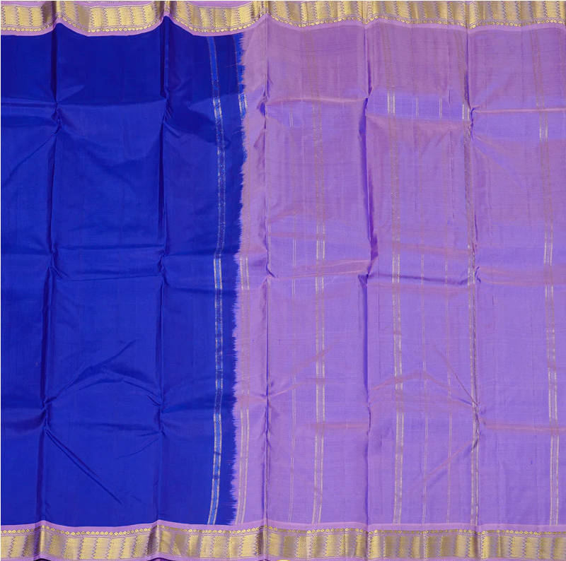 Blue Handloom Kanchipuram Silk Saree with Lilac Color Border with unstitched blouse material