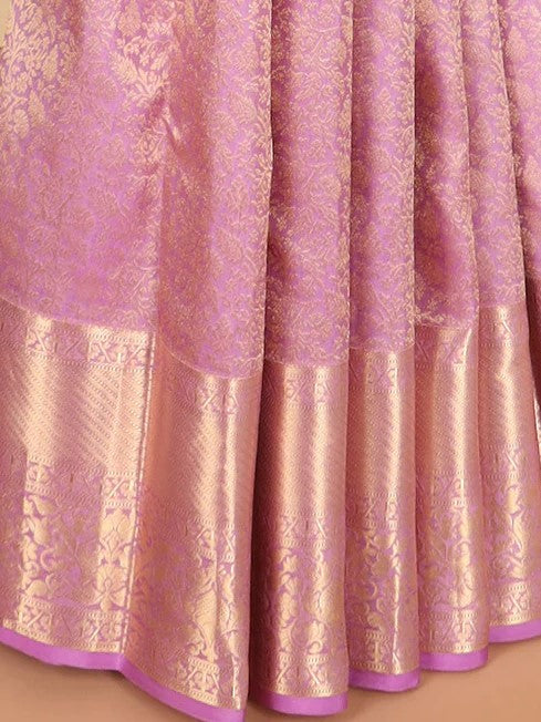 Light pink floral design Kanchipuram silk saree with self-border of intricate Zari design border & floral design pallu