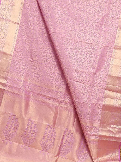 Light pink floral design Kanchipuram silk saree with self-border of intricate Zari design border & floral design pallu
