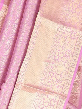 Light pink floral design Kanchipuram silk saree with self-border of intricate Zari design border & floral design pallu