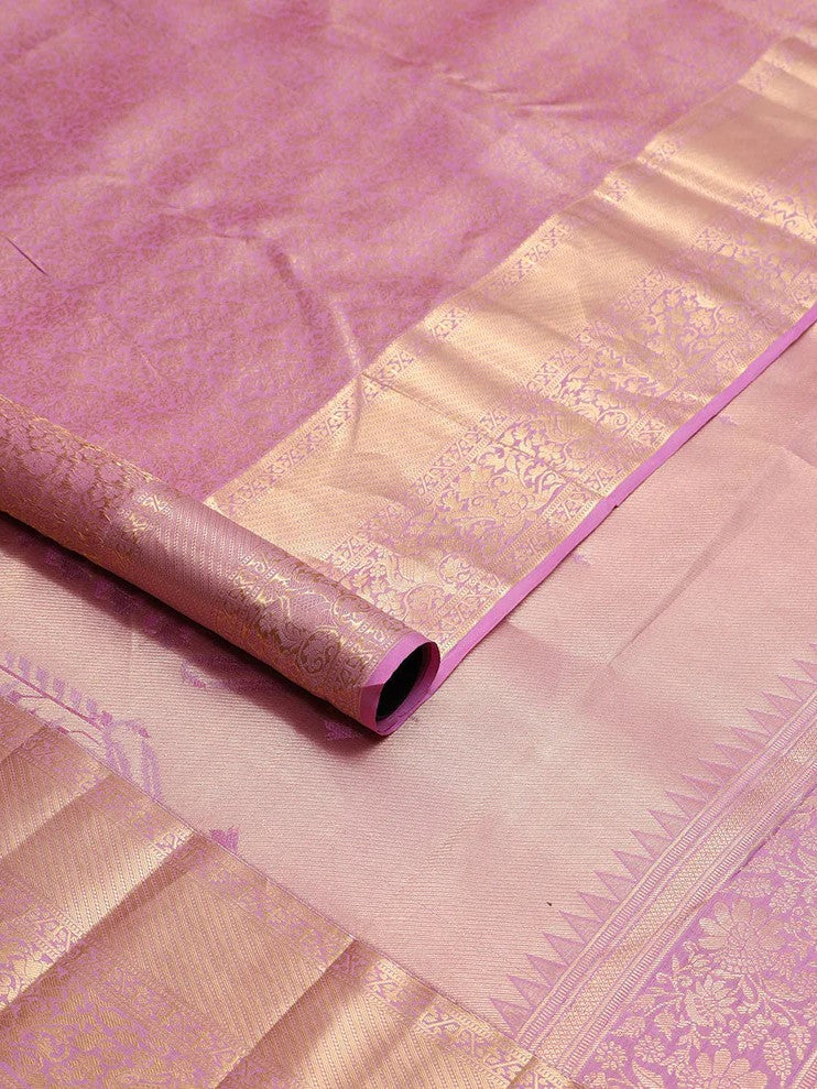 Light pink floral design Kanchipuram silk saree with self-border of intricate Zari design border & floral design pallu