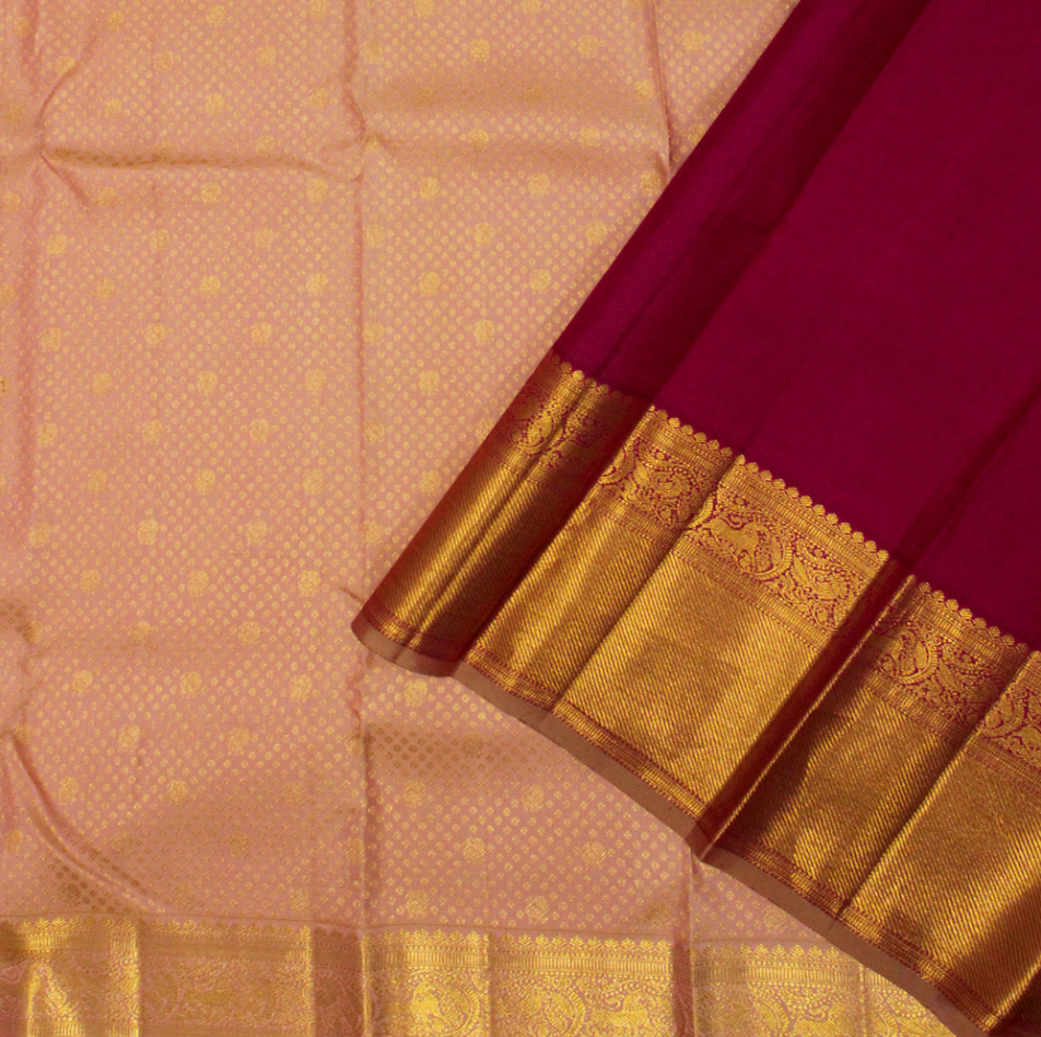 Peach Onion Pink with Gold Zari Small Peacock and Round Butta Motifs Full Body Weaved Design Zari Border Grand Tissue Silk Kanjivaram Saree