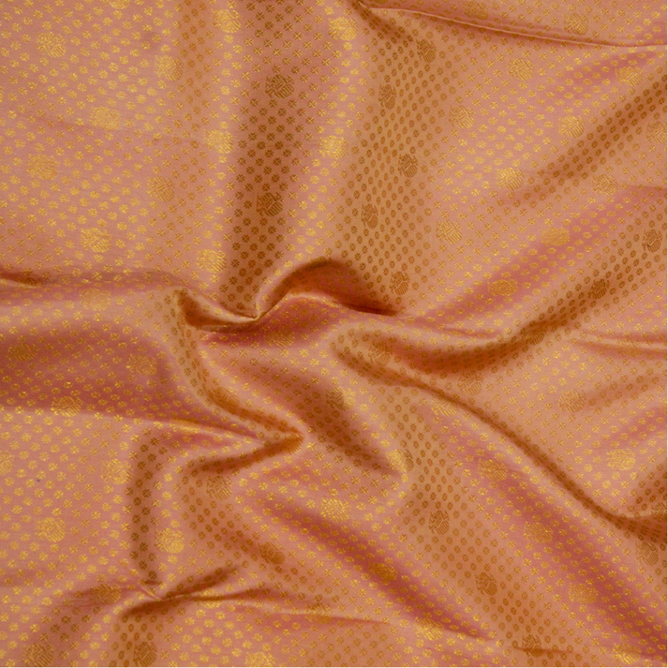 Peach Onion Pink with Gold Zari Small Peacock and Round Butta Motifs Full Body Weaved Design Zari Border Grand Tissue Silk Kanjivaram Saree
