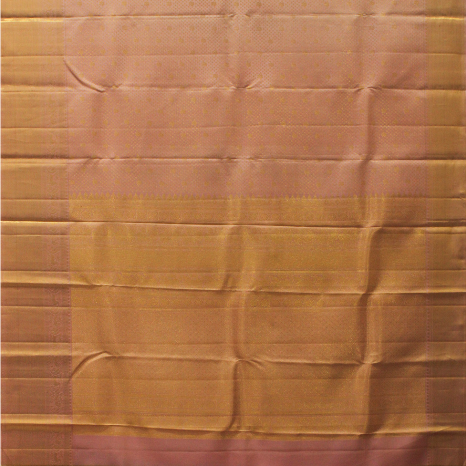 Peach Onion Pink with Gold Zari Small Peacock and Round Butta Motifs Full Body Weaved Design Zari Border Grand Tissue Silk Kanjivaram Saree