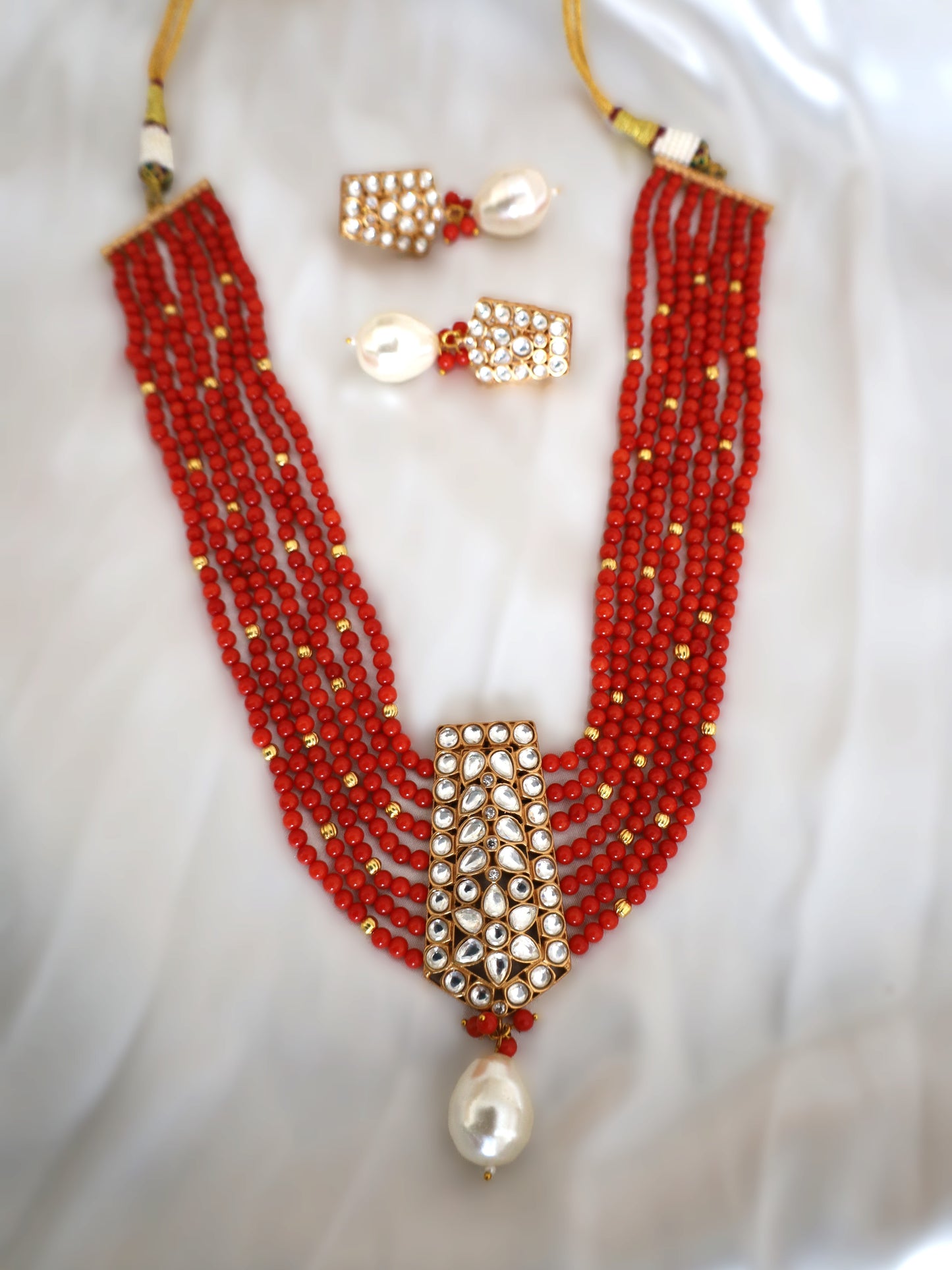 Multiline Coral Red bead Necklace Set