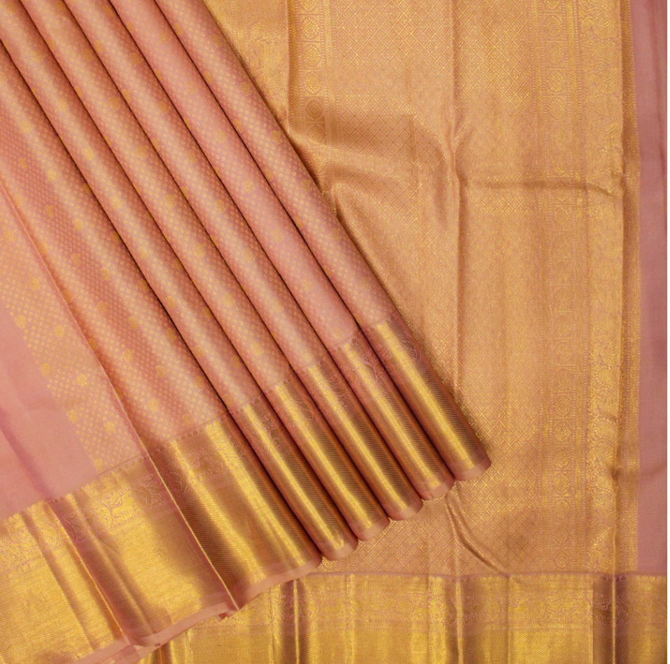 Peach Onion Pink with Gold Zari Small Peacock and Round Butta Motifs Full Body Weaved Design Zari Border Grand Tissue Silk Kanjivaram Saree