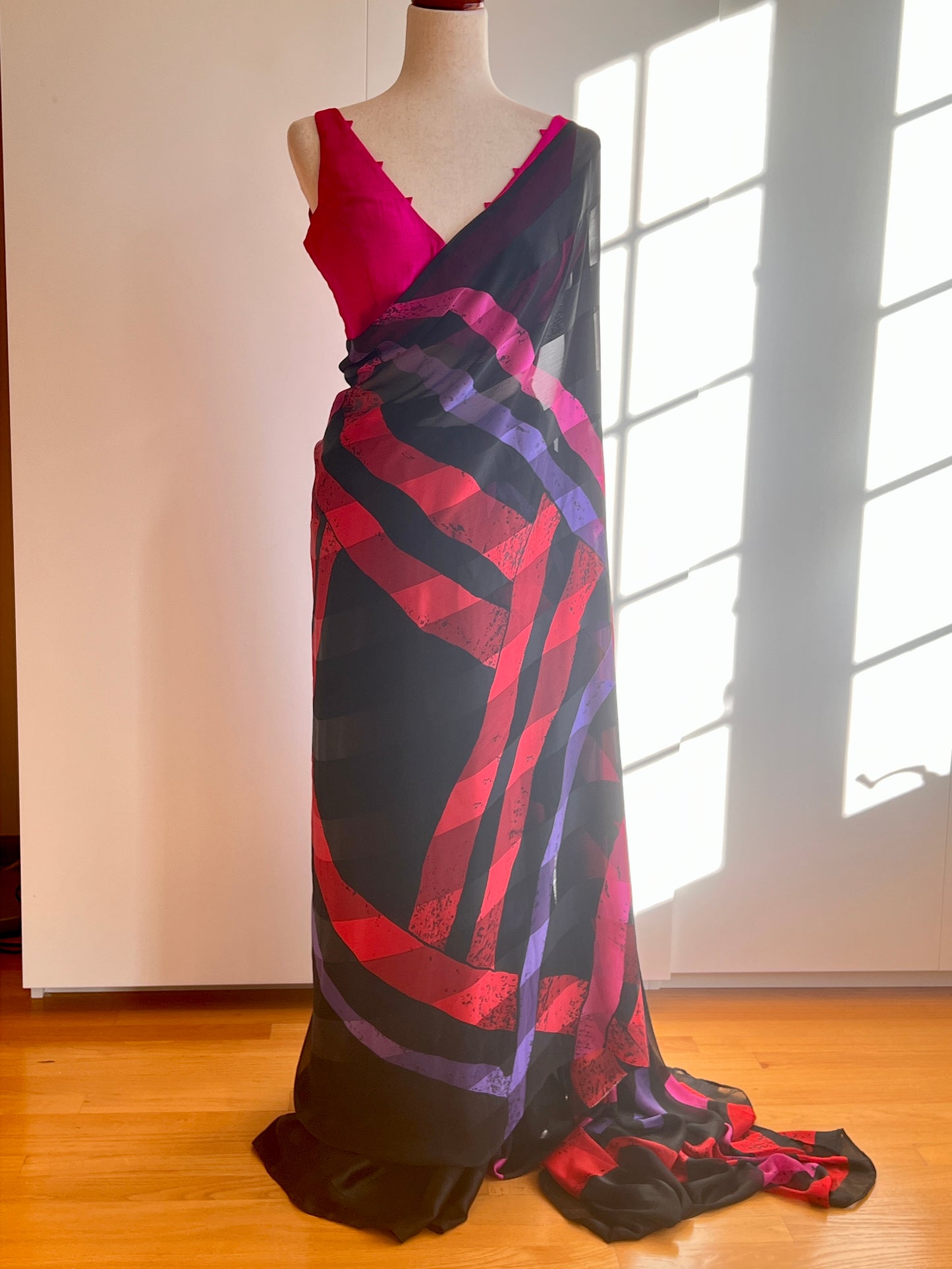 Black Geometric print Satin Chiffon Saree Only