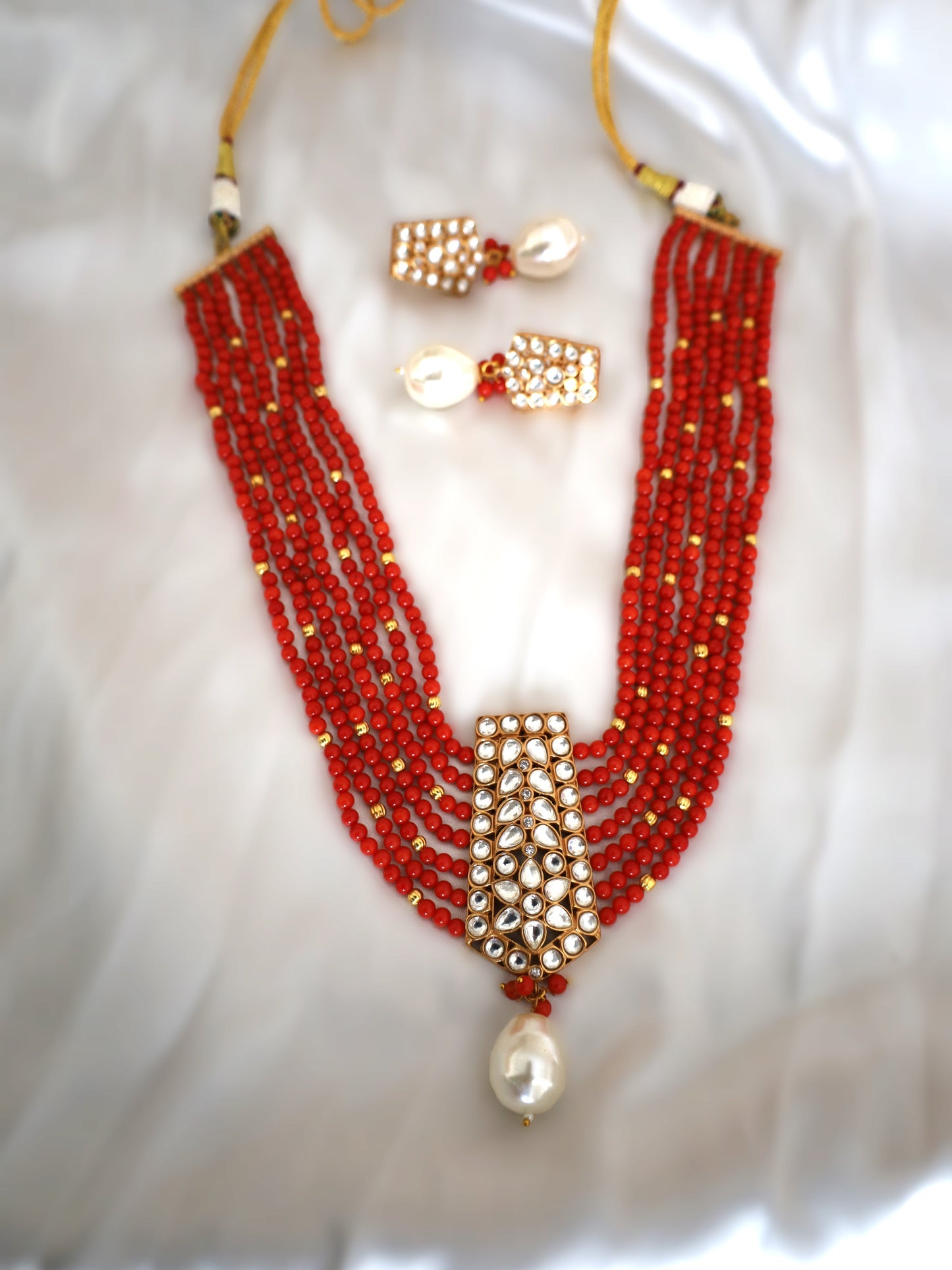 Multiline Coral Red bead Necklace Set