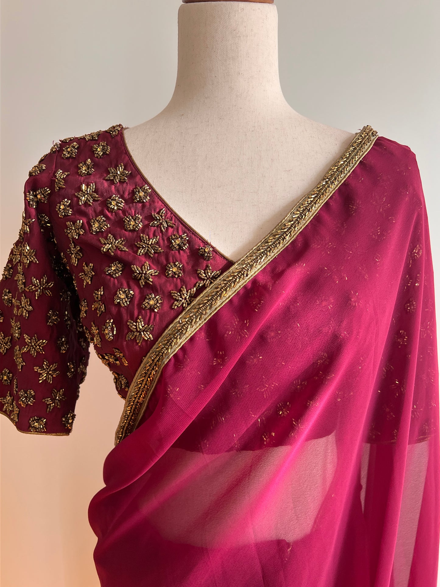 Maroon Faux Georgette Saree with Designer Work Readymade Stitched Blouse
