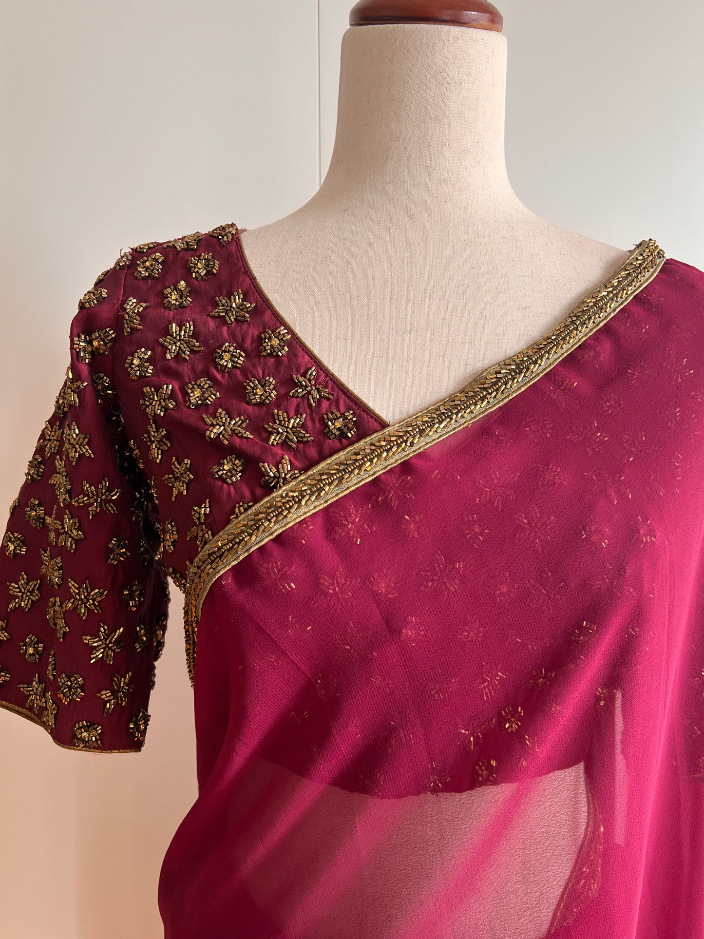 Maroon Faux Georgette Saree with Designer Work Readymade Stitched Blouse