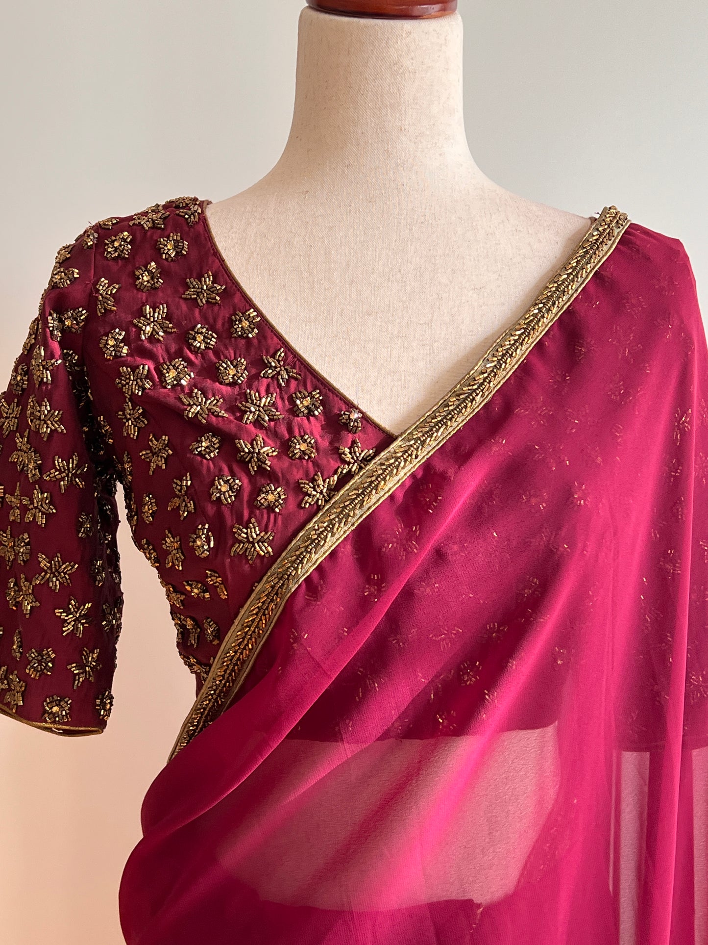 Maroon Faux Georgette Saree with Designer Work Readymade Stitched Blouse