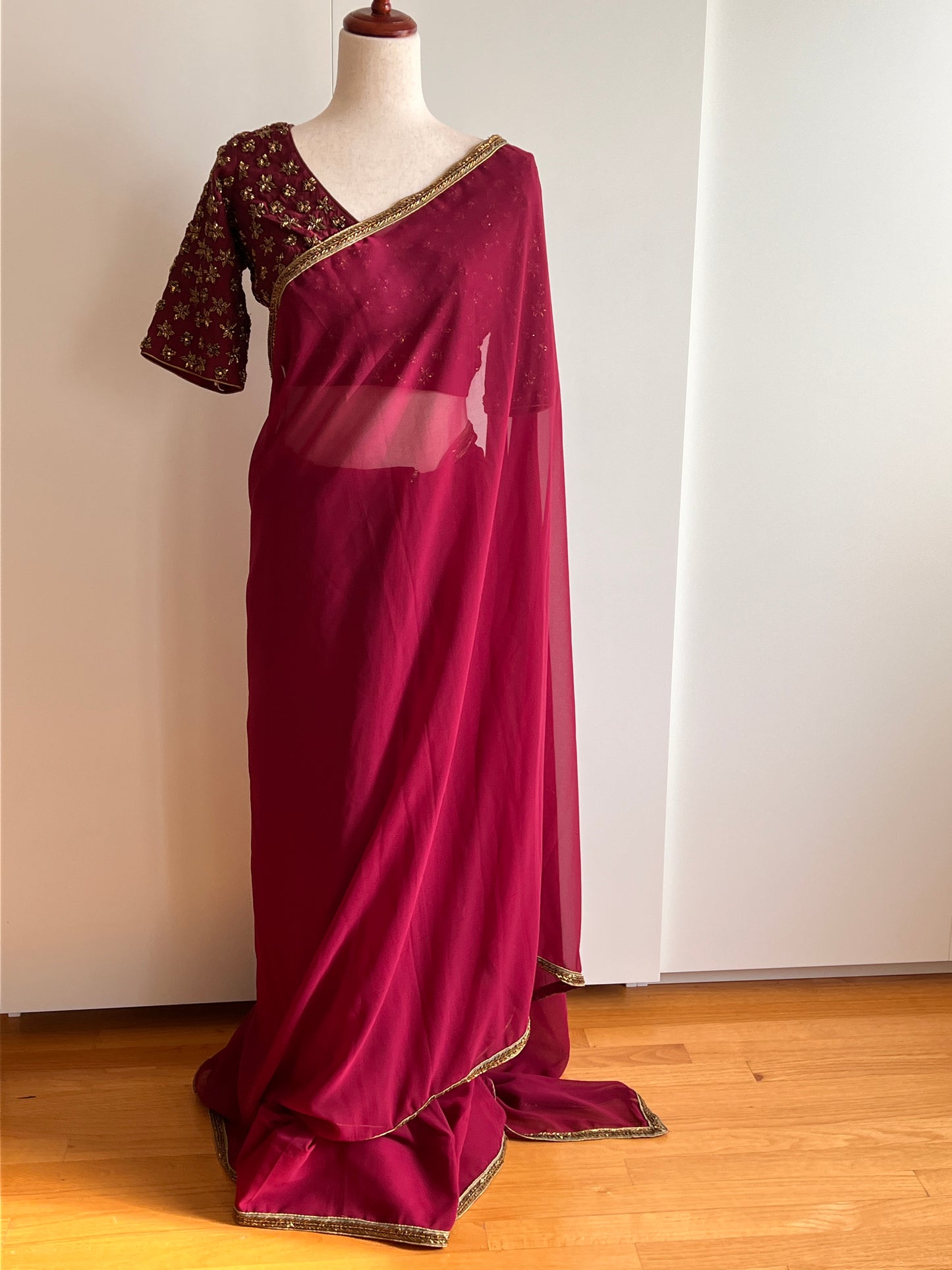 Maroon Faux Georgette Saree with Designer Work Readymade Stitched Blouse