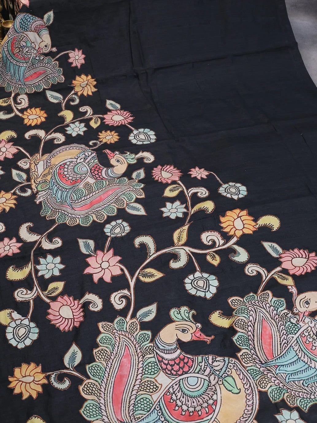 Semi tussar saree black with allover kalamkari applique work in borderless style with Stitched blouse