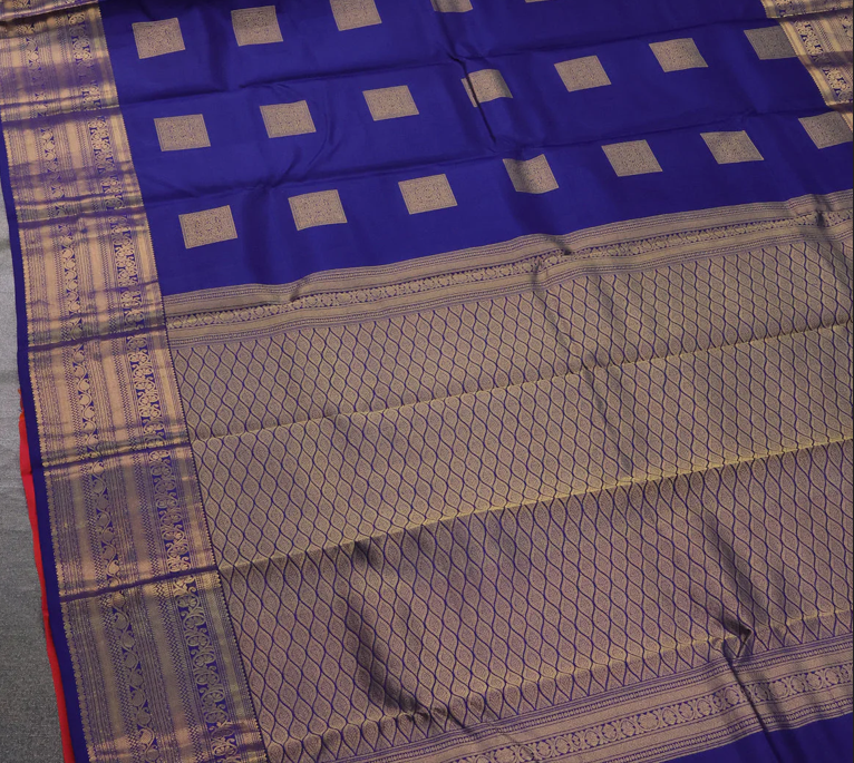 Pure kanchipuram silk saree blue and dual shade of pinkish orange with zari woven box type buttas and zari woven border
