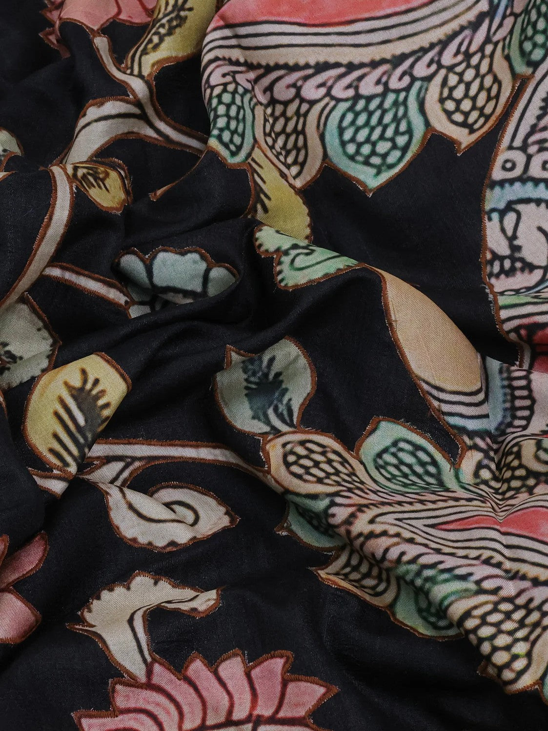 Semi tussar saree black with allover kalamkari applique work in borderless style with Stitched blouse