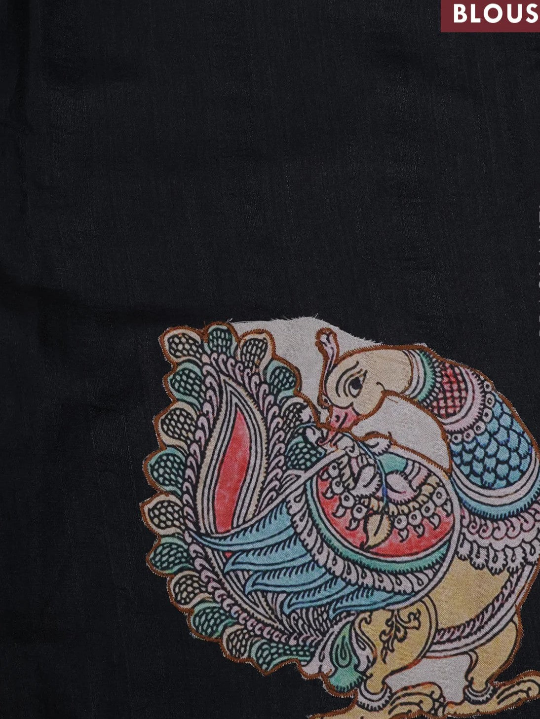Semi tussar saree black with allover kalamkari applique work in borderless style with Stitched blouse