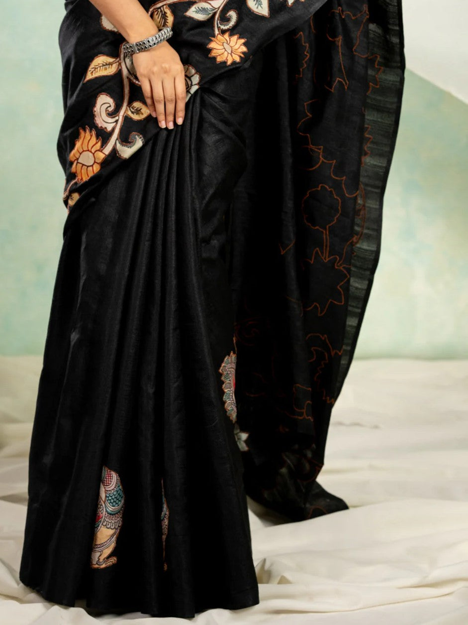 Semi tussar saree black with allover kalamkari applique work in borderless style with Stitched blouse