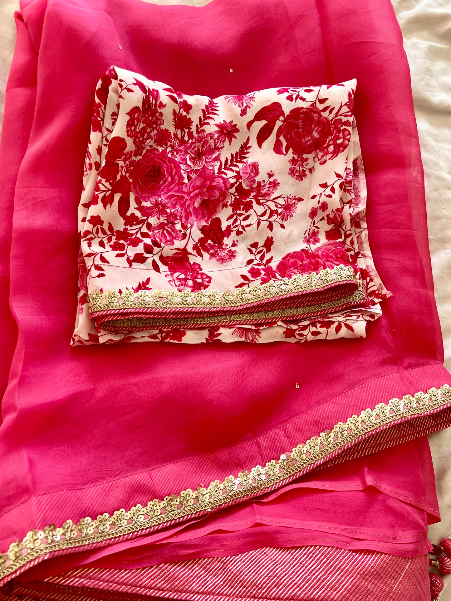 Pink Viscose Organza Embroidered Saree