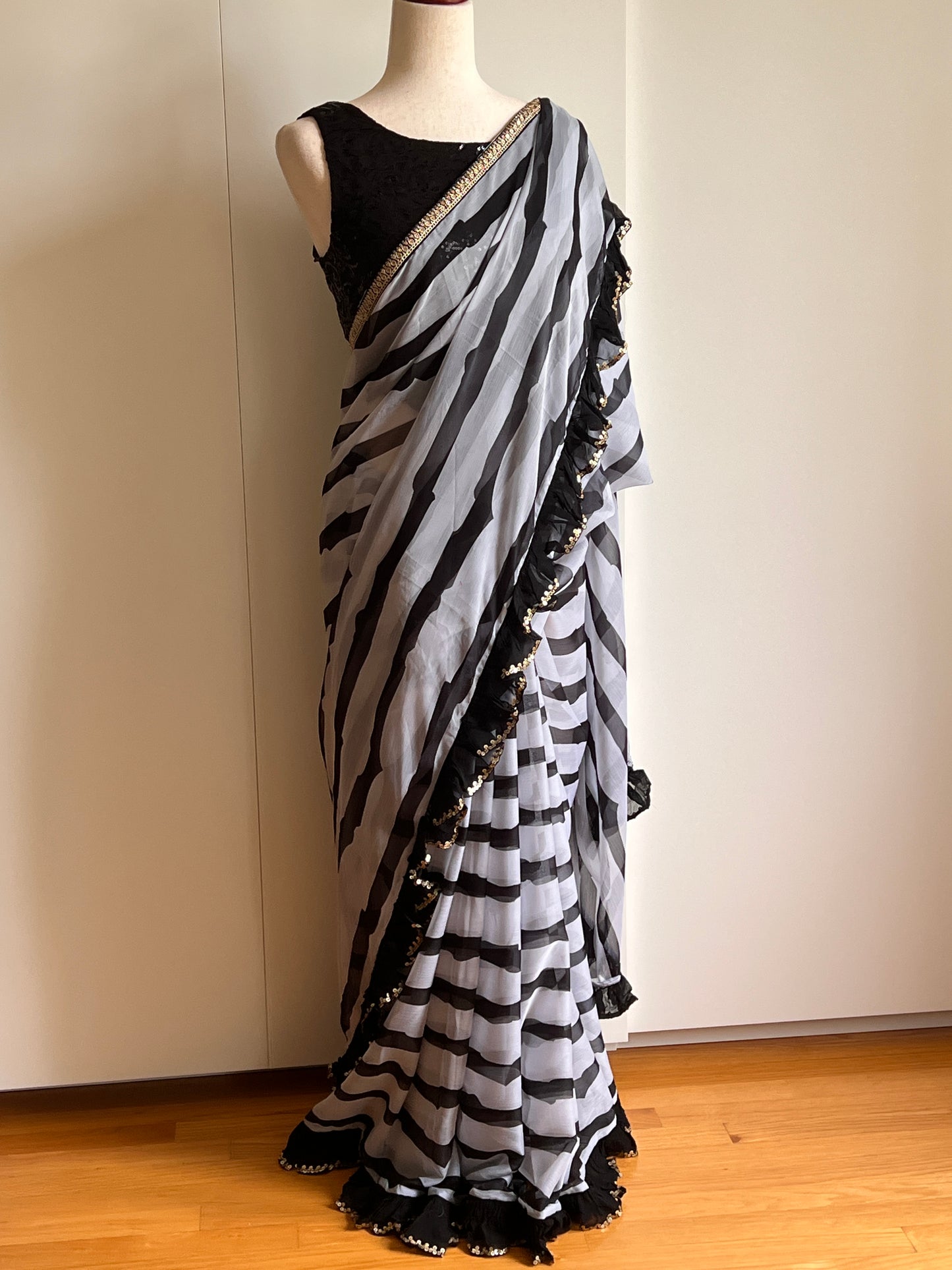 Black and White Striped Chiffon Saree Only