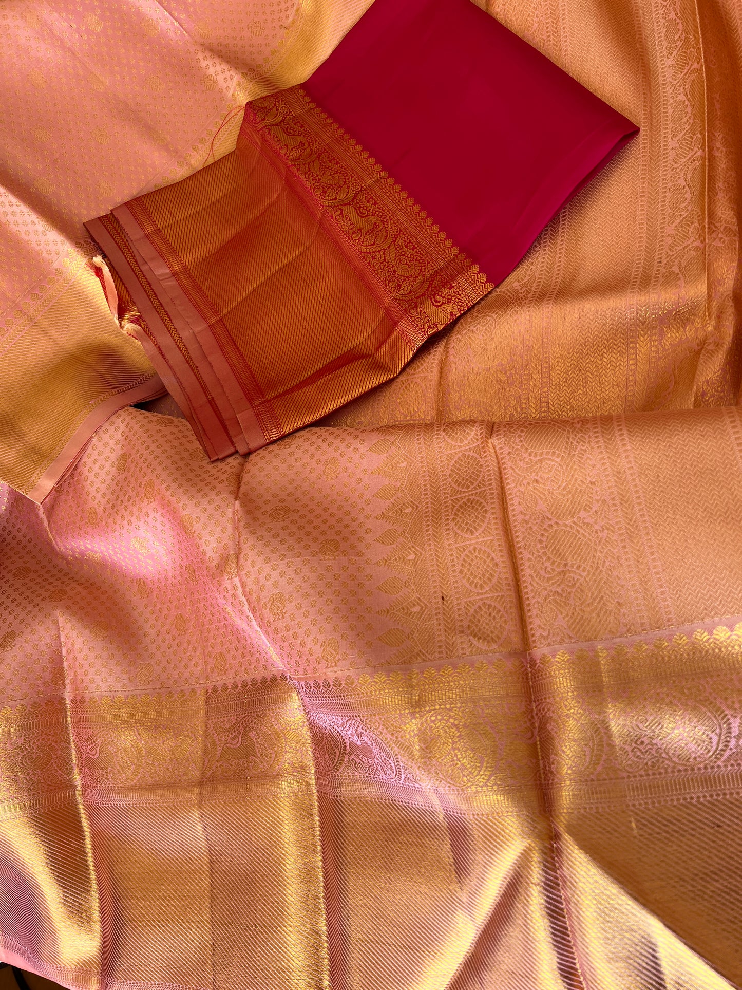 Peach Onion Pink with Gold Zari Small Peacock and Round Butta Motifs Full Body Weaved Design Zari Border Grand Tissue Silk Kanjivaram Saree