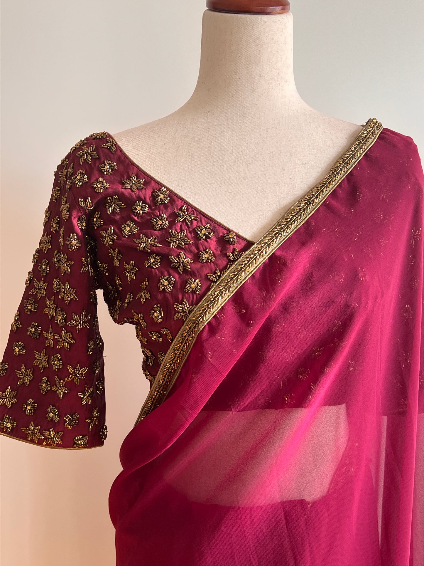 Maroon Faux Georgette Saree with Designer Work Readymade Stitched Blouse