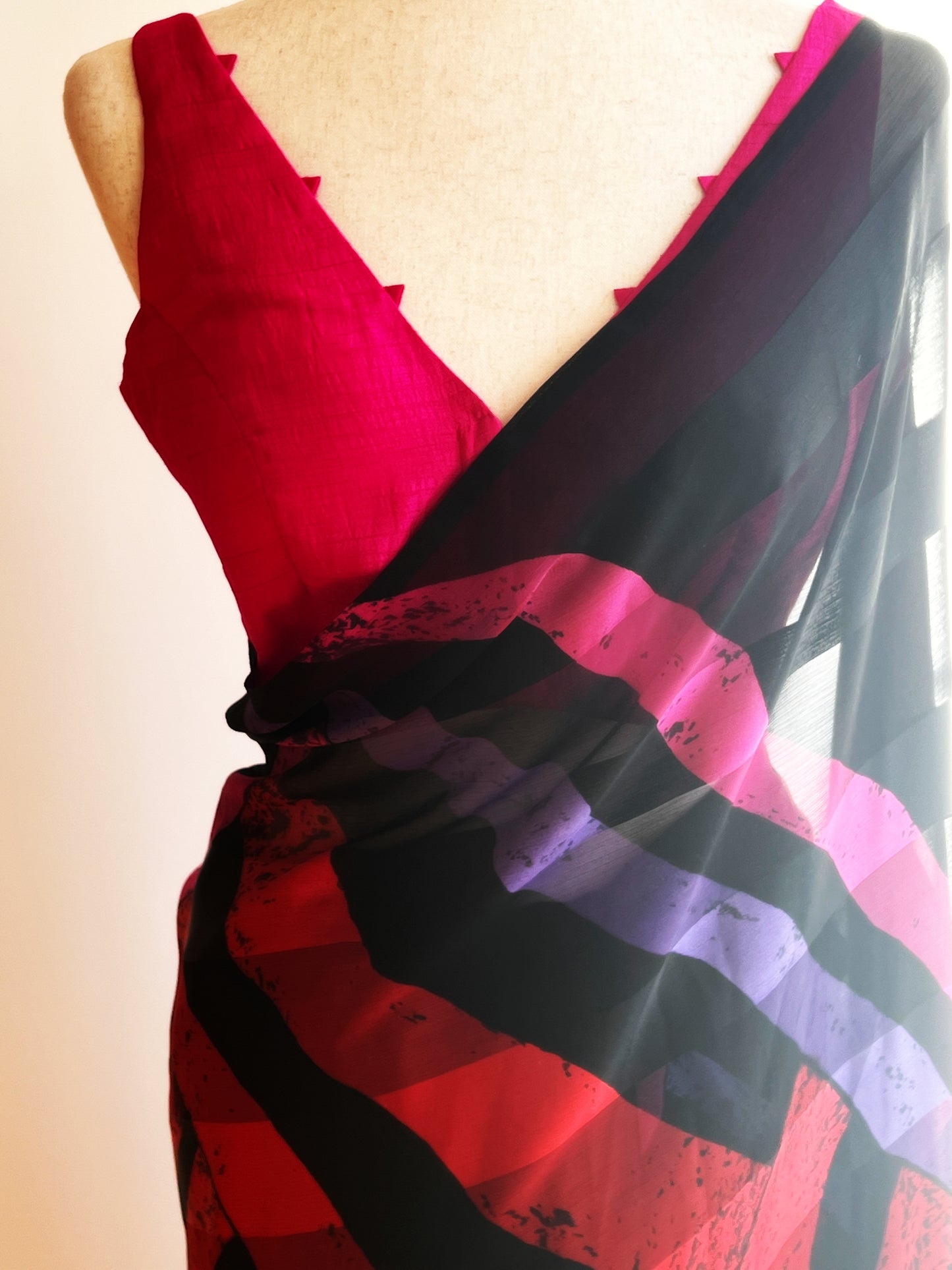 Black Geometric print Satin Chiffon Saree Only