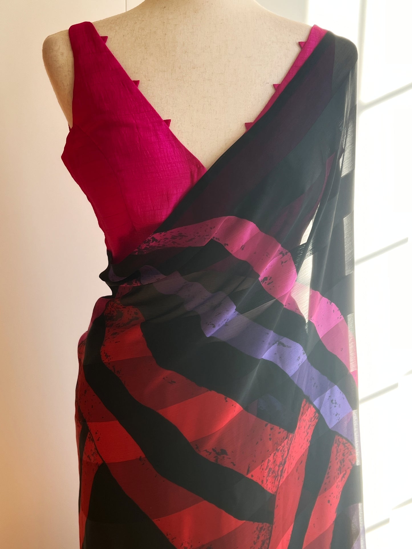 Black Geometric print Satin Chiffon Saree Only