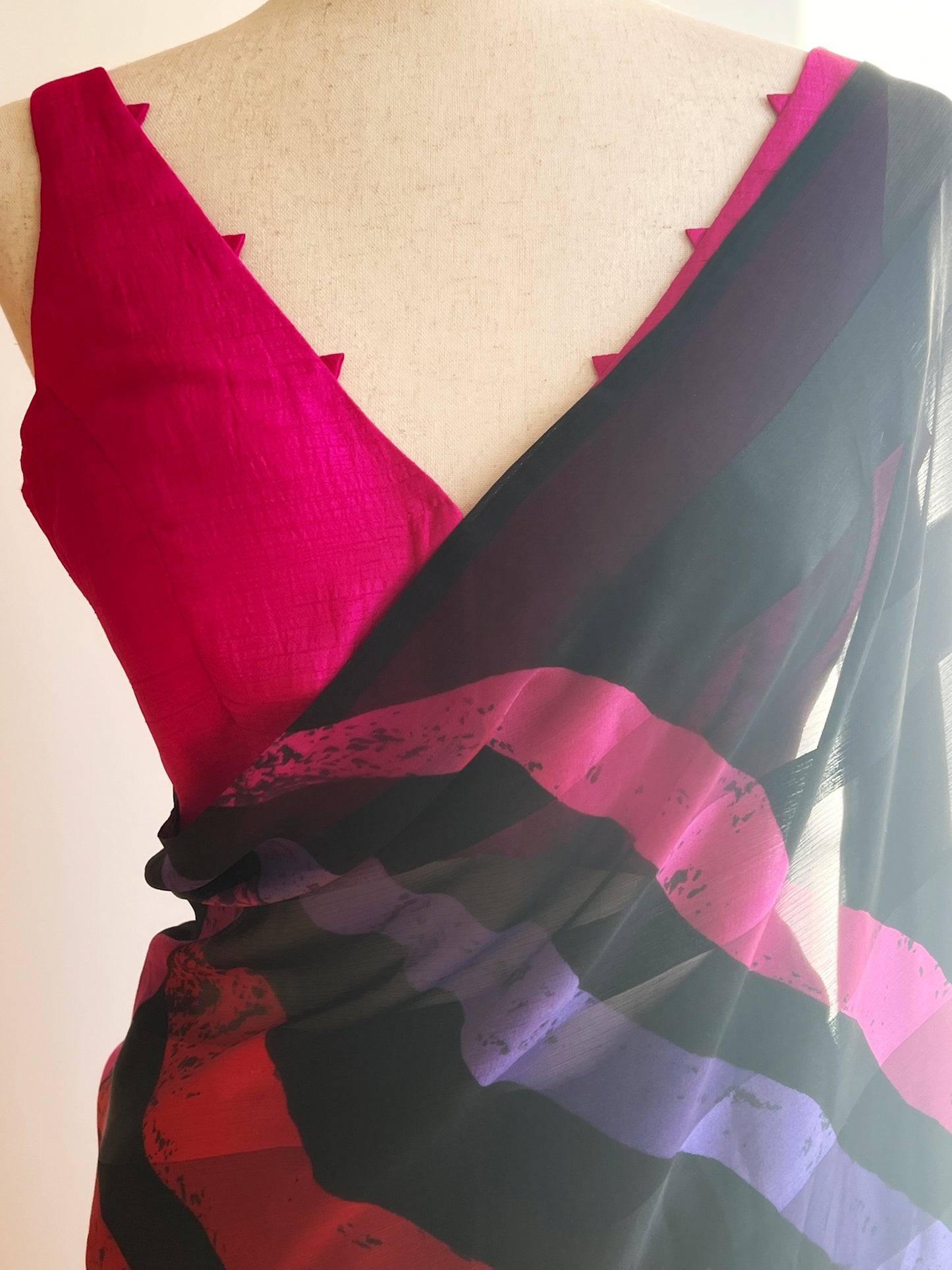 Black Geometric print Satin Chiffon Saree Only