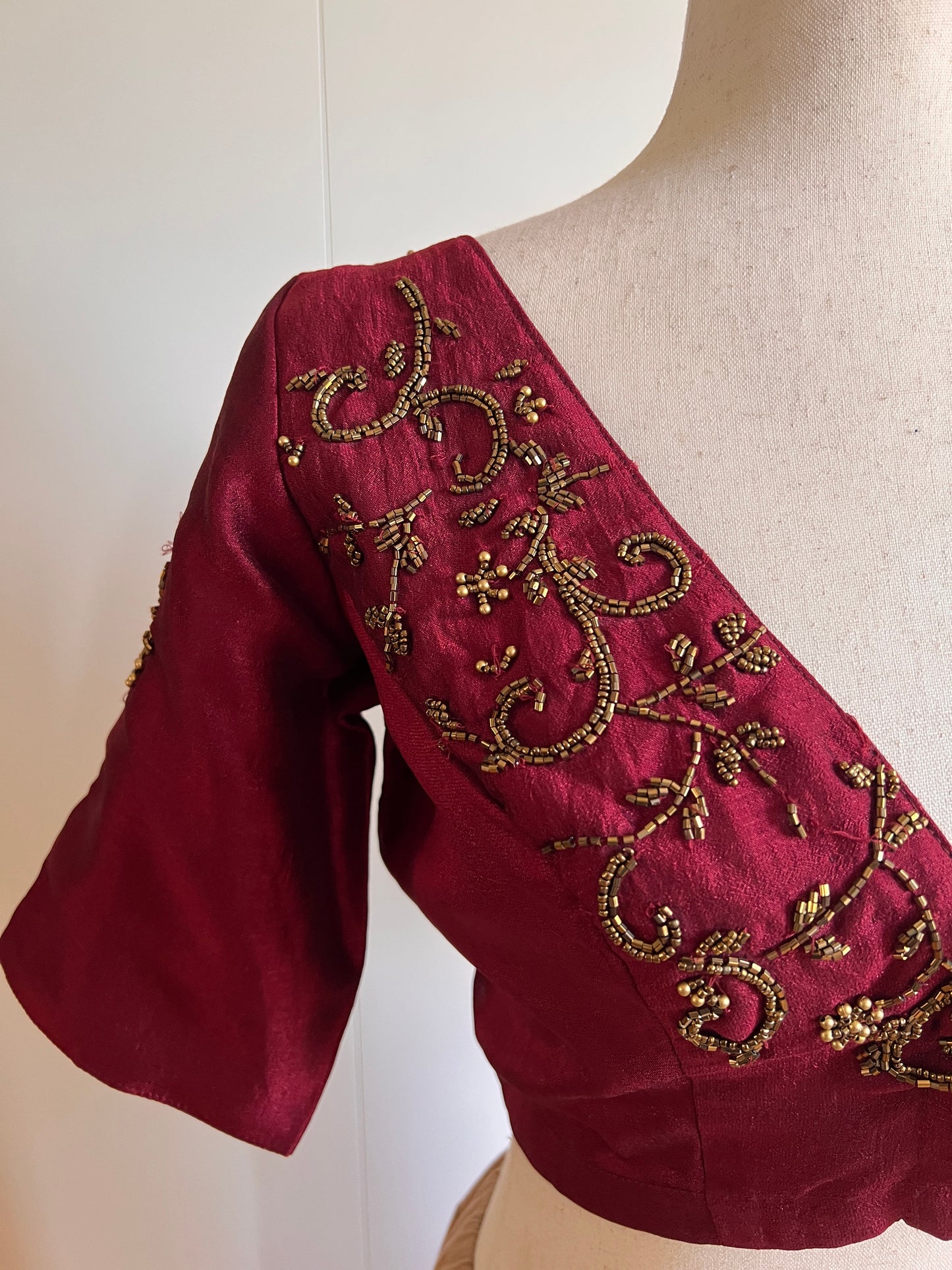 Reddish Maroon Fancy Silk Saree with Stitched Work Blouse -(Size-L)