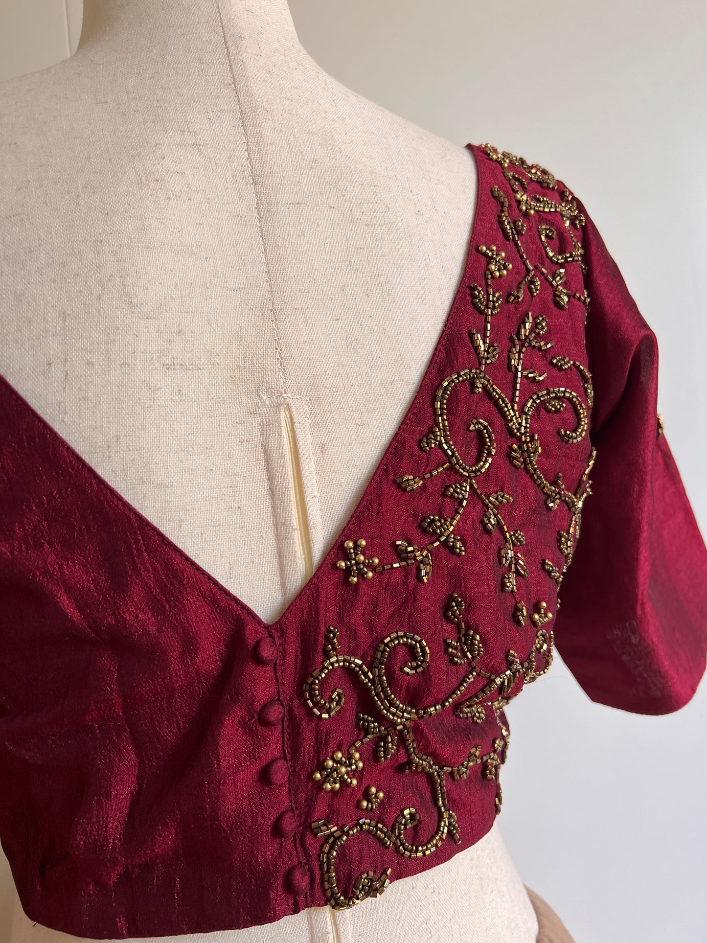 Reddish Maroon Fancy Silk Saree with Stitched Work Blouse -(Size-L)