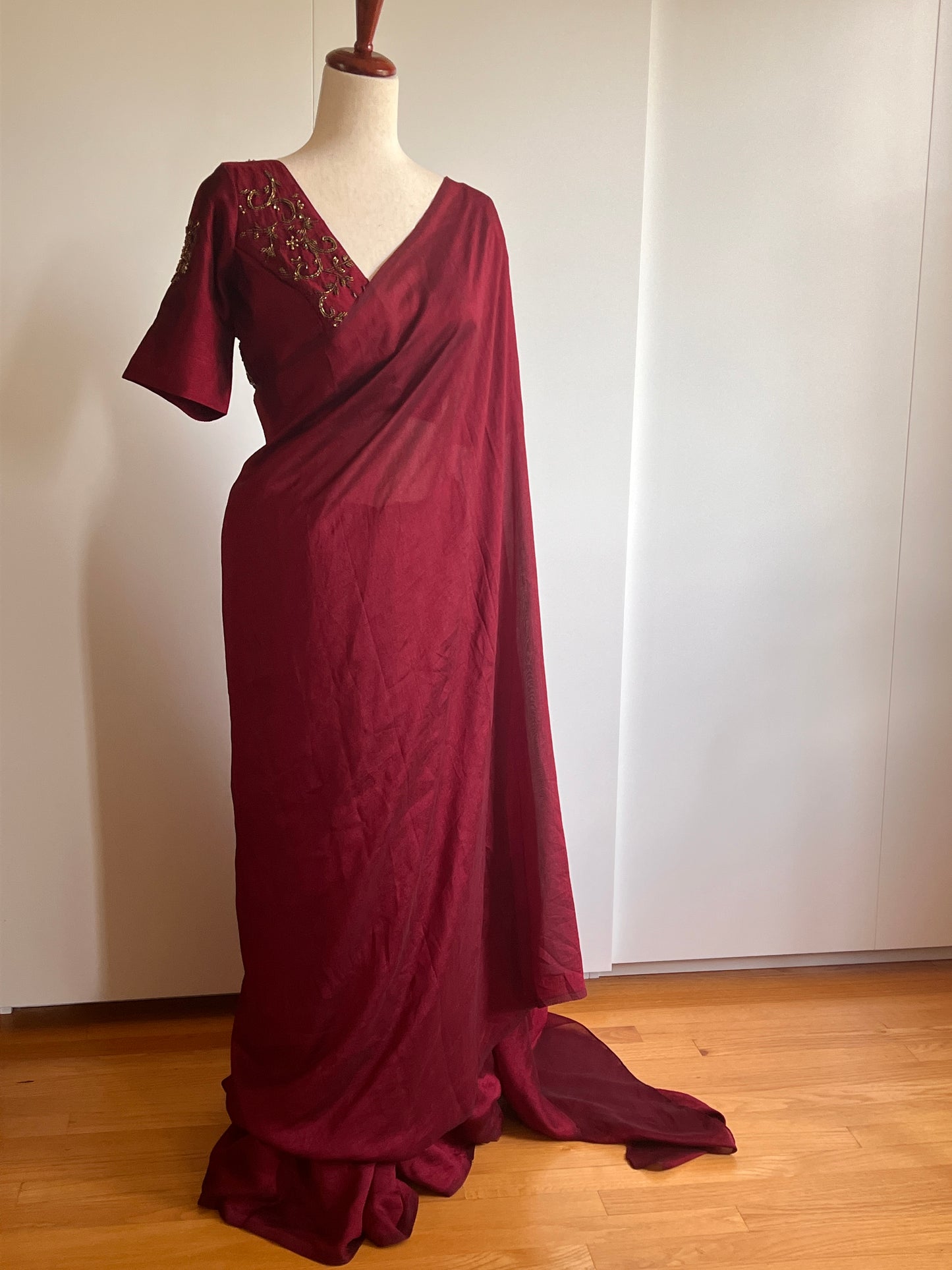 Reddish Maroon Fancy Silk Saree with Stitched Work Blouse -(Size-L)