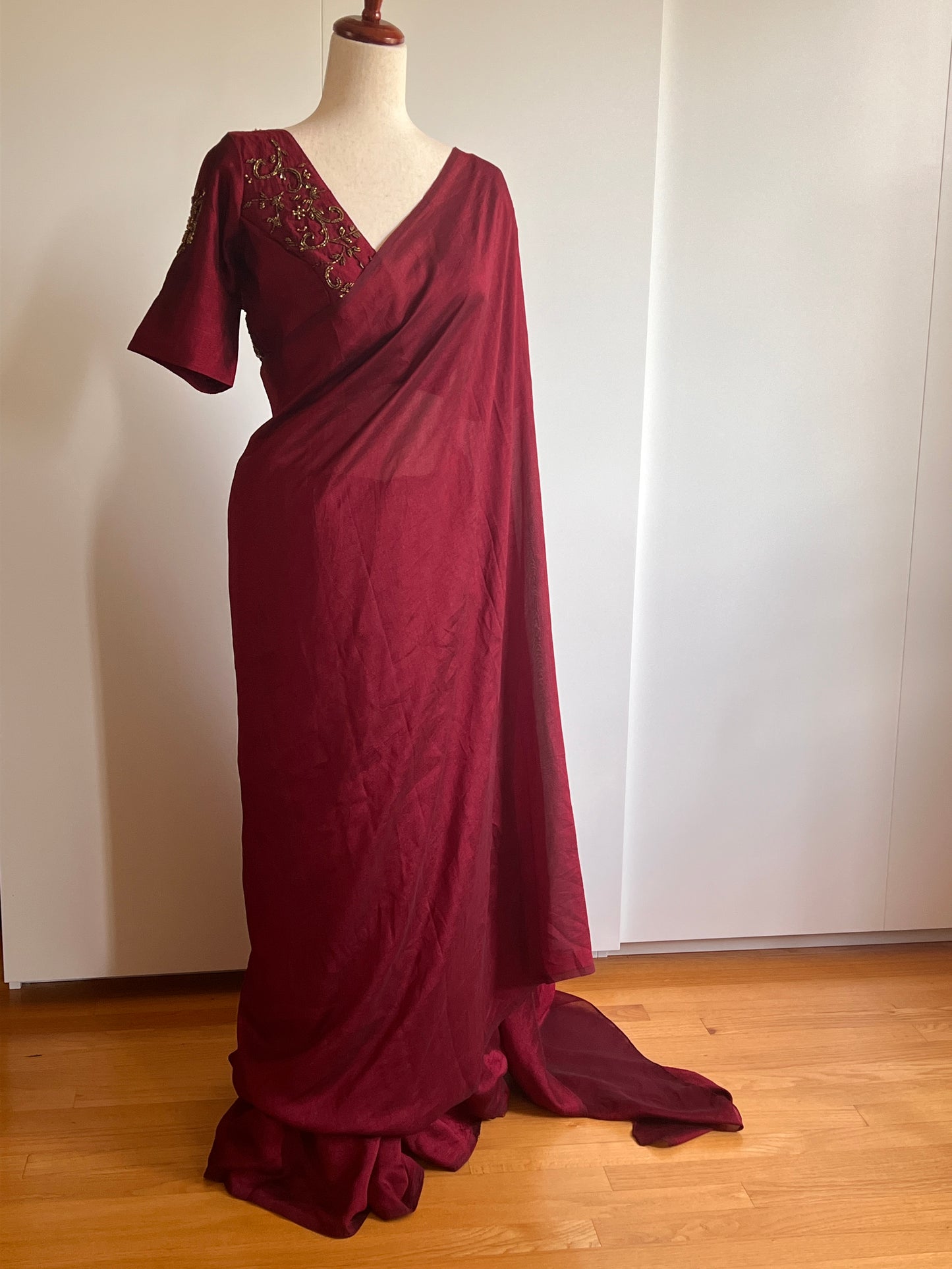 Reddish Maroon Fancy Silk Saree with Stitched Work Blouse -(Size-L)
