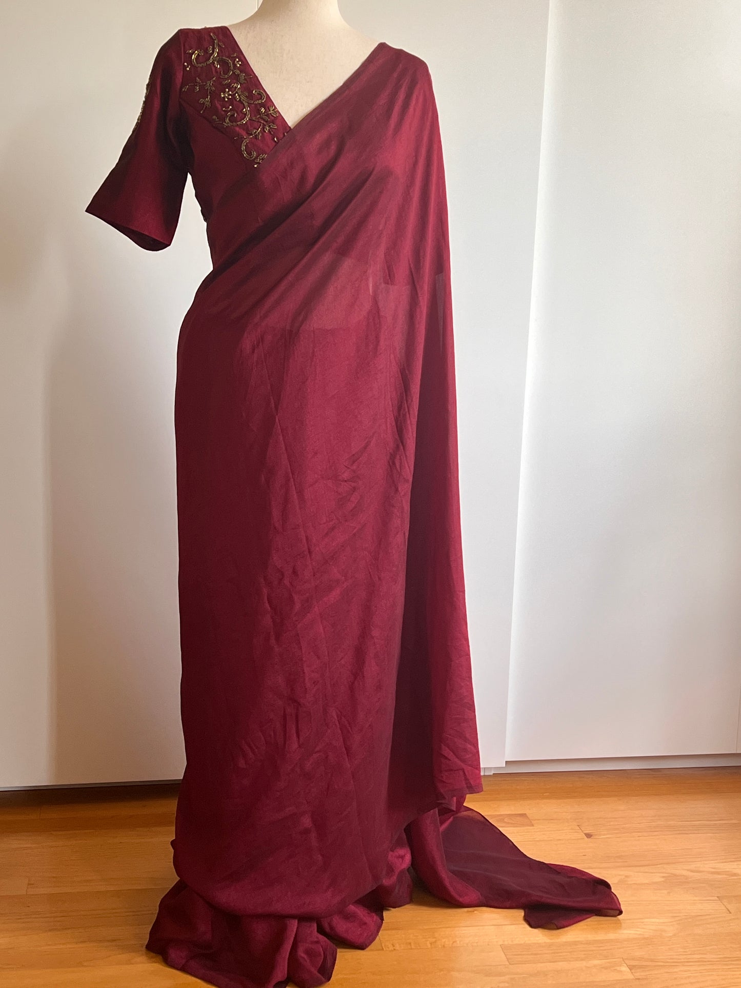 Reddish Maroon Fancy Silk Saree with Stitched Work Blouse -(Size-L)