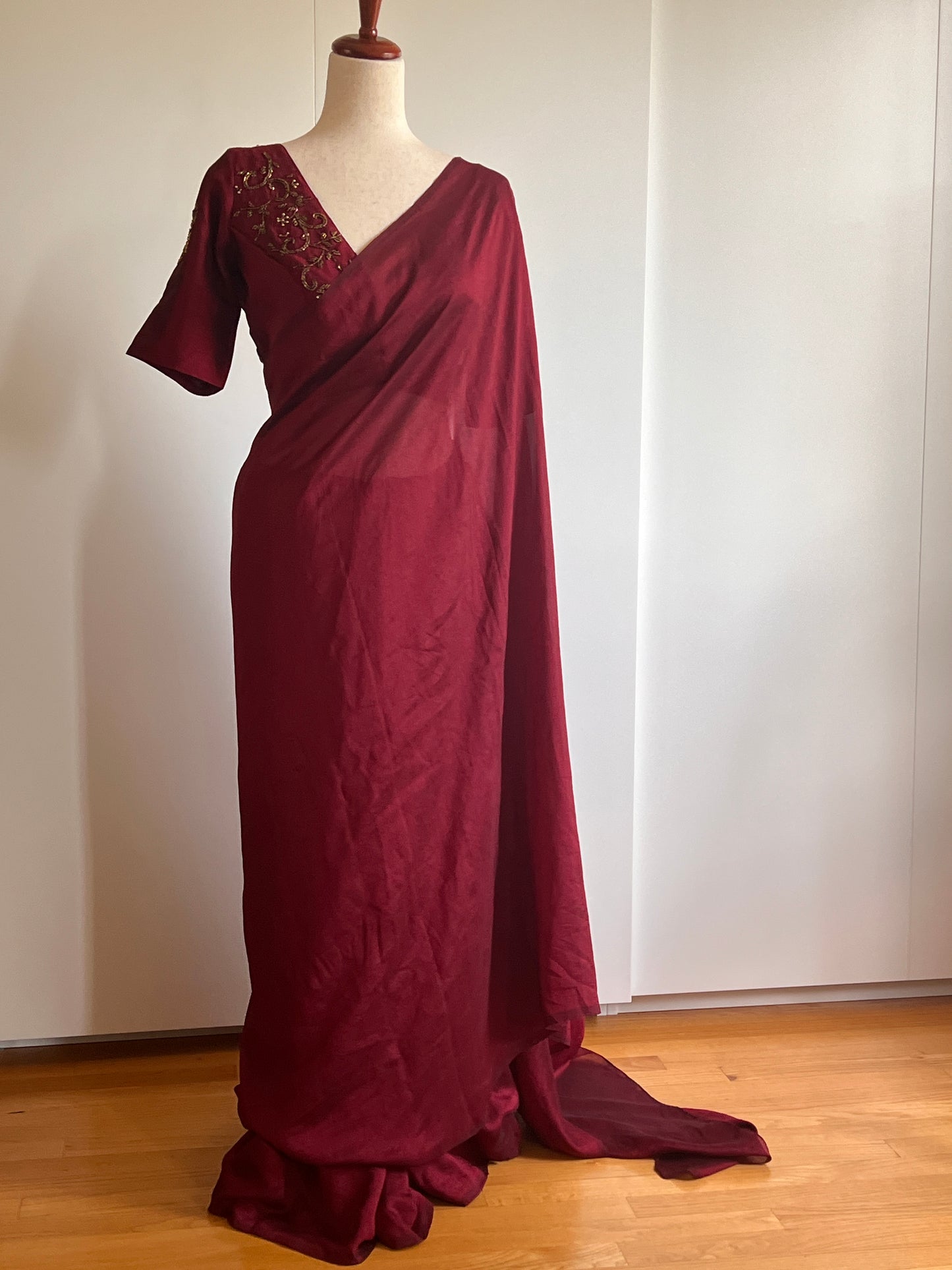 Reddish Maroon Fancy Silk Saree with Stitched Work Blouse -(Size-L)