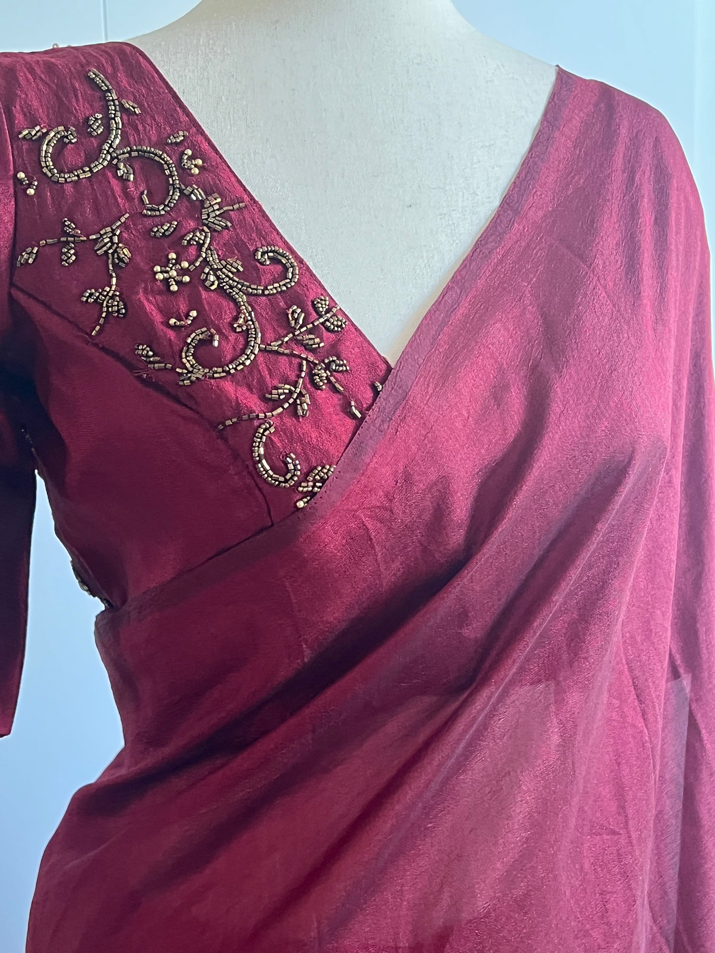 Reddish Maroon Fancy Silk Saree with Stitched Work Blouse -(Size-L)