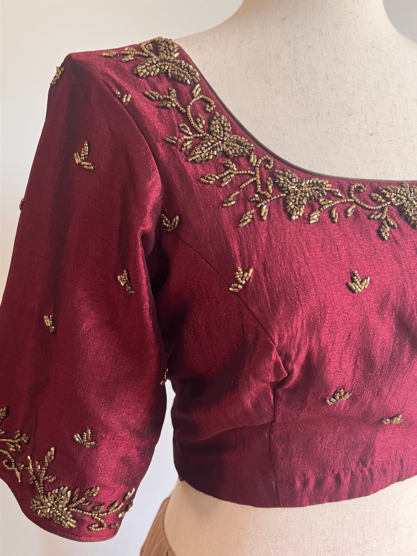 Maroon Fancy Silk Saree with Stitched Heavy Handwork Blouse (Size-M) (Size-38)