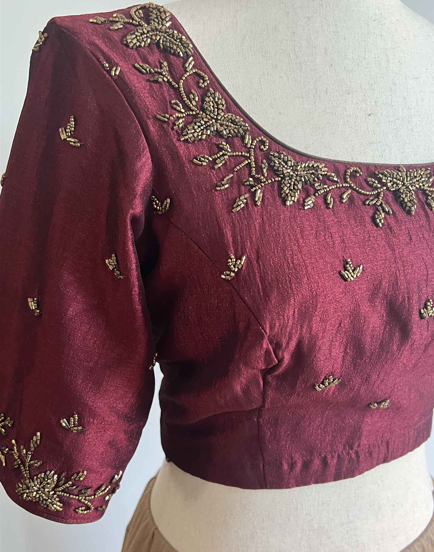 Maroon Fancy Silk Saree with Stitched Heavy Handwork Blouse (Size-M) (Size-38)