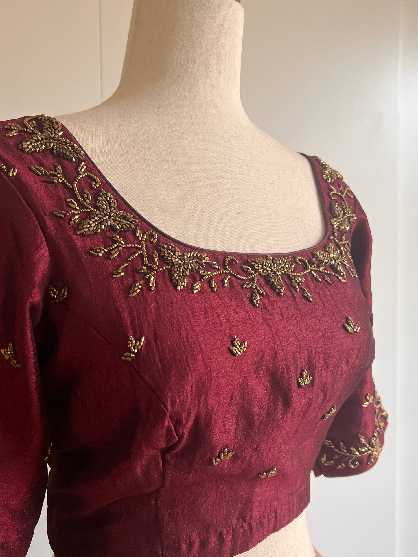 Maroon Fancy Silk Saree with Stitched Heavy Handwork Blouse (Size-M) (Size-38)