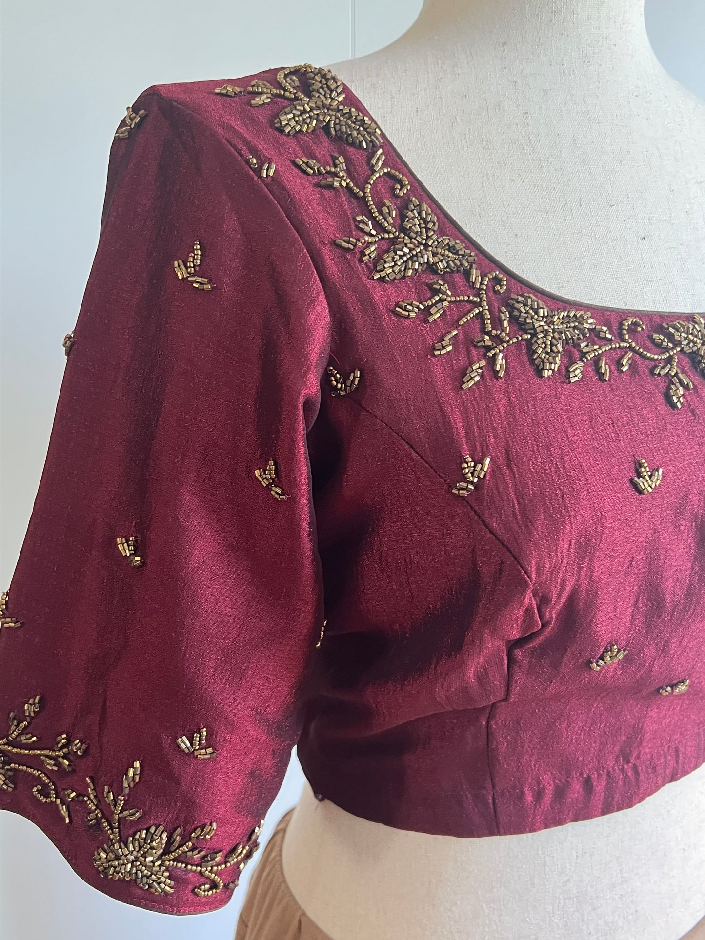 Maroon Fancy Silk Saree with Stitched Heavy Handwork Blouse (Size-M) (Size-38)
