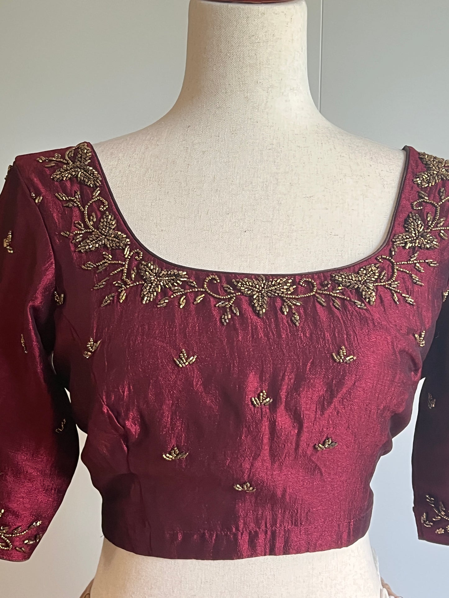 Maroon Fancy Silk Saree with Stitched Heavy Handwork Blouse (Size-M) (Size-38)