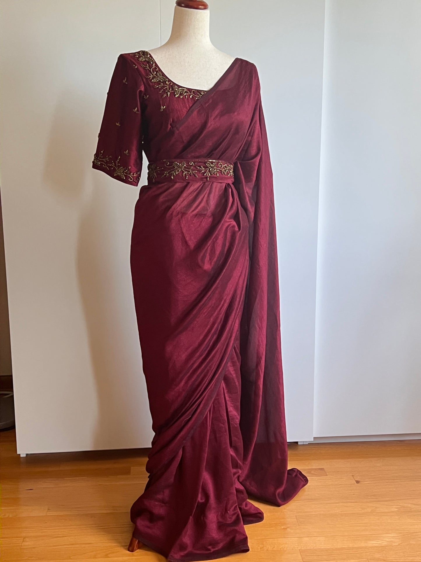 Maroon Fancy Silk Saree with Stitched Heavy Handwork Blouse (Size-M) (Size-38)