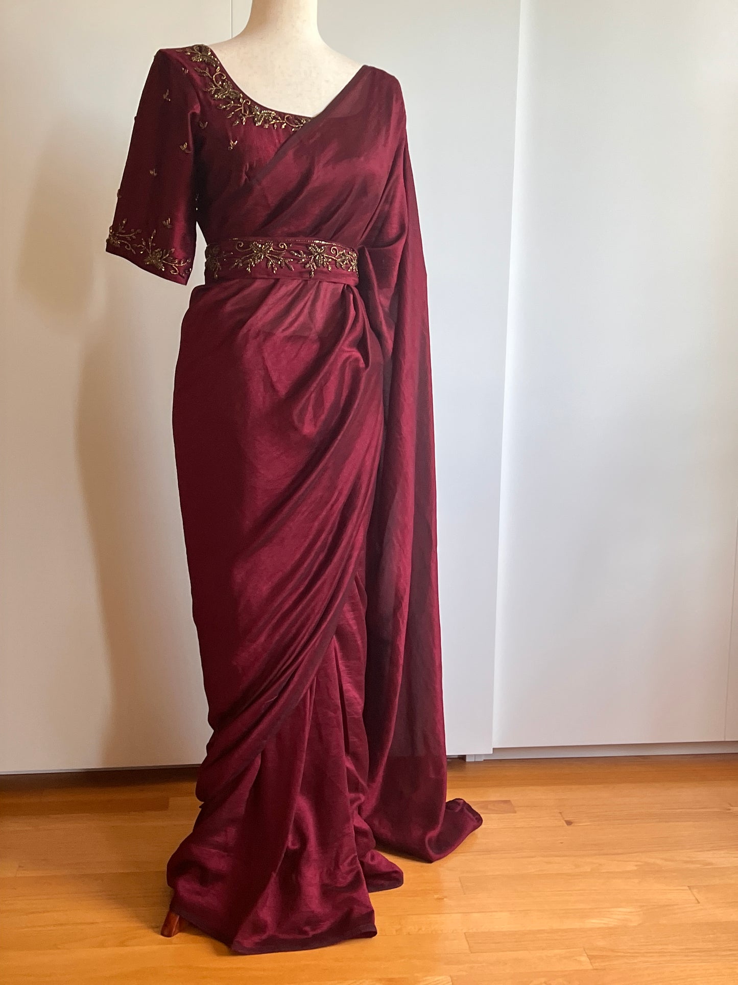 Maroon Fancy Silk Saree with Stitched Heavy Handwork Blouse (Size-M) (Size-38)