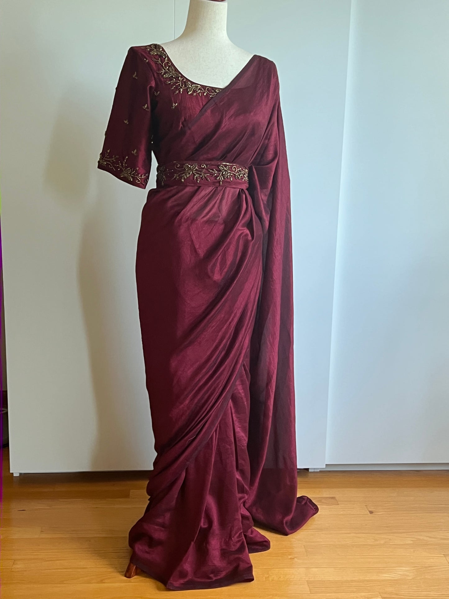 Maroon Fancy Silk Saree with Stitched Heavy Handwork Blouse (Size-M) (Size-38)