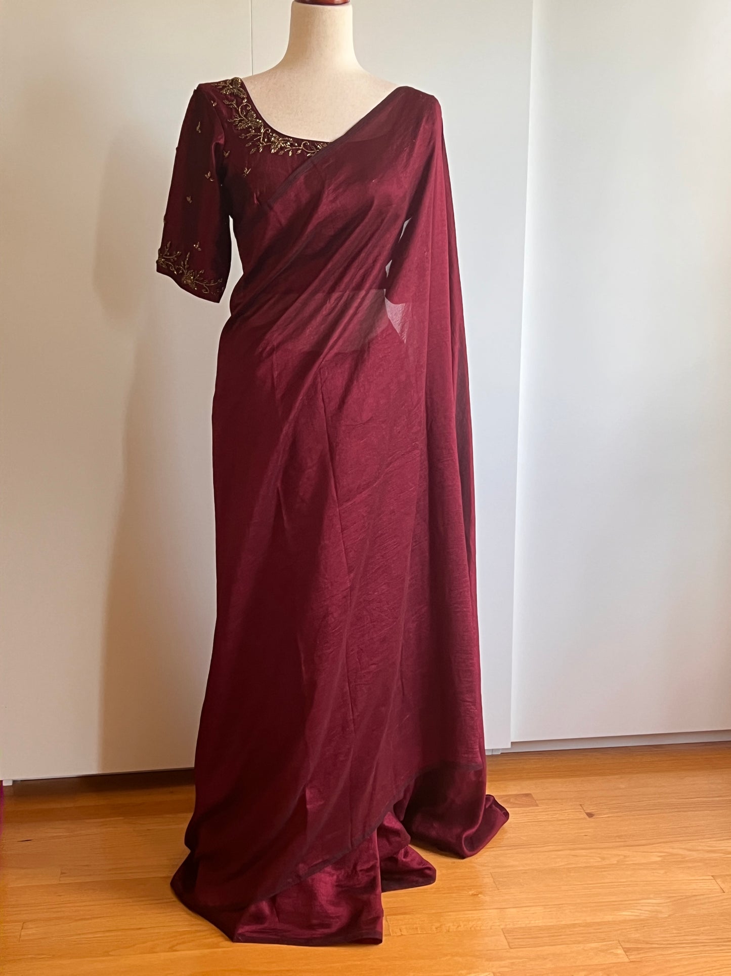 Maroon Fancy Silk Saree with Stitched Heavy Handwork Blouse (Size-M) (Size-38)