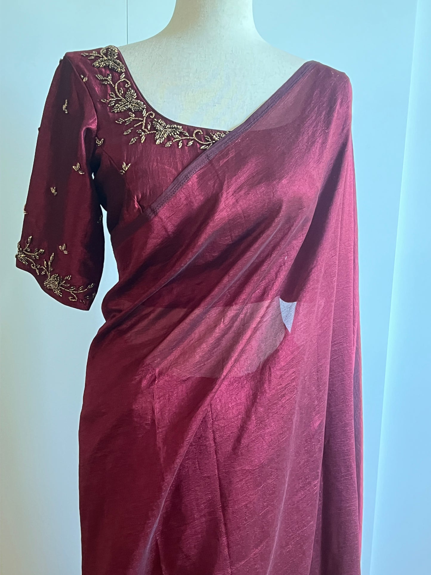Maroon Fancy Silk Saree with Stitched Heavy Handwork Blouse (Size-M) (Size-38)