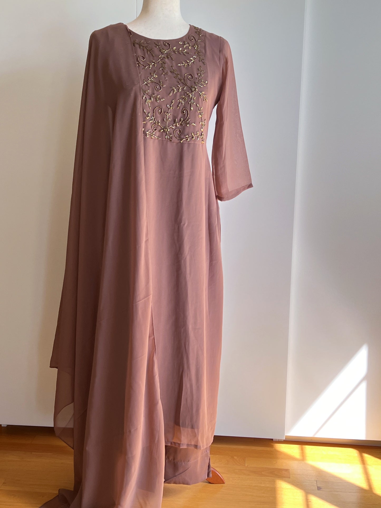 Beige Faux Georgette Handwork Slit Salwar Set