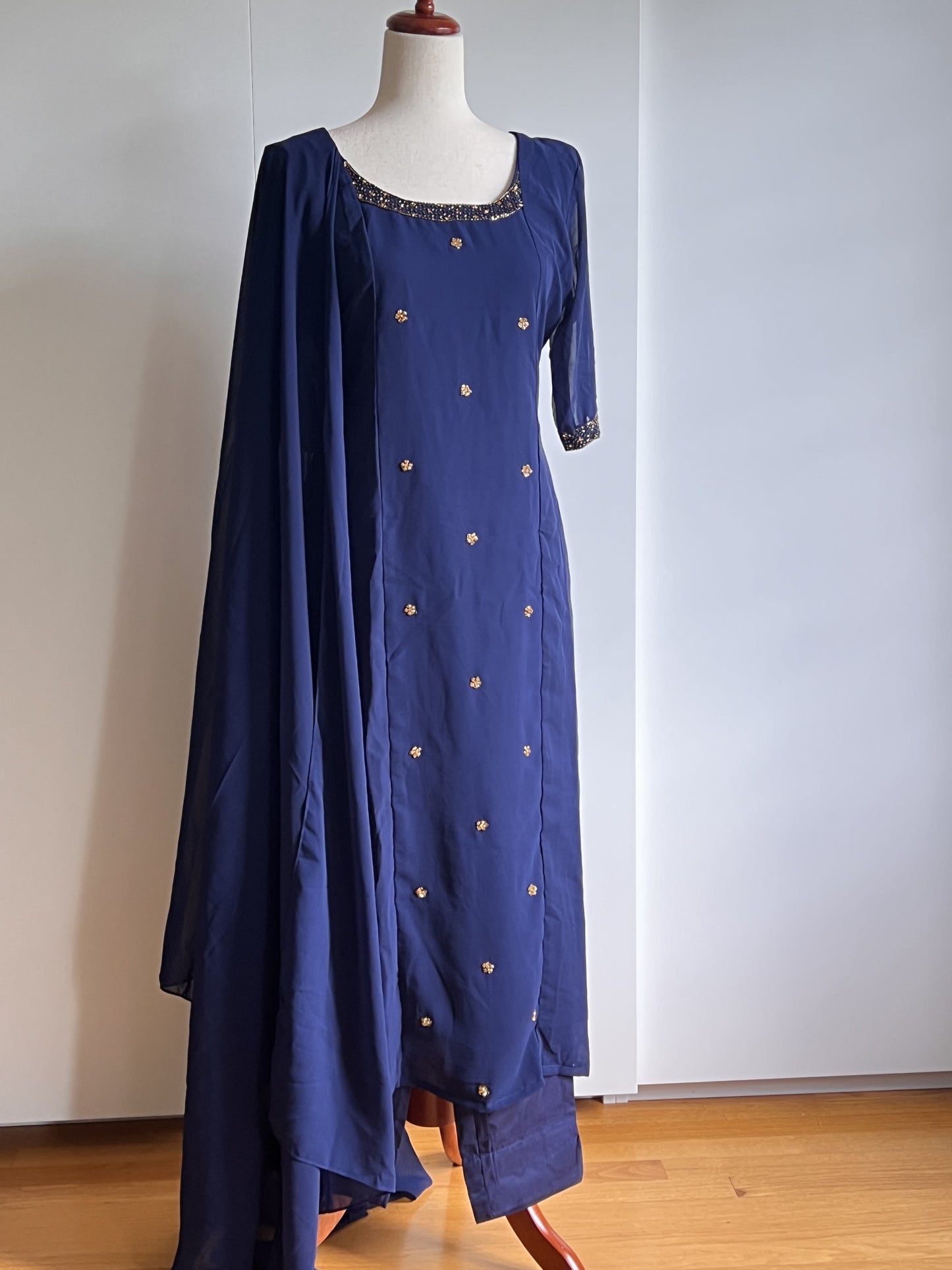 Navy Blue Faux Georgette Heavy Handwork Slit Salwar Set